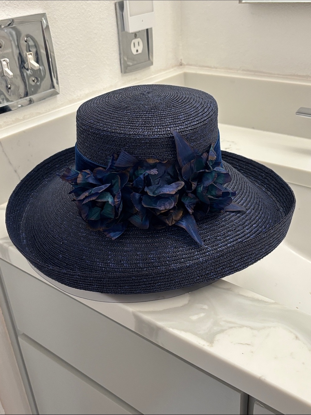 NWOT Vintage Tahari Navy Floral Hat with Decorative Blooms Velvet Trim Ribbon
